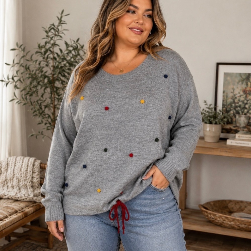 NWT CJ Banks Pom Pom Rainbow Dot Drawstring Hem Knit Sweater 2X Gray Metallic